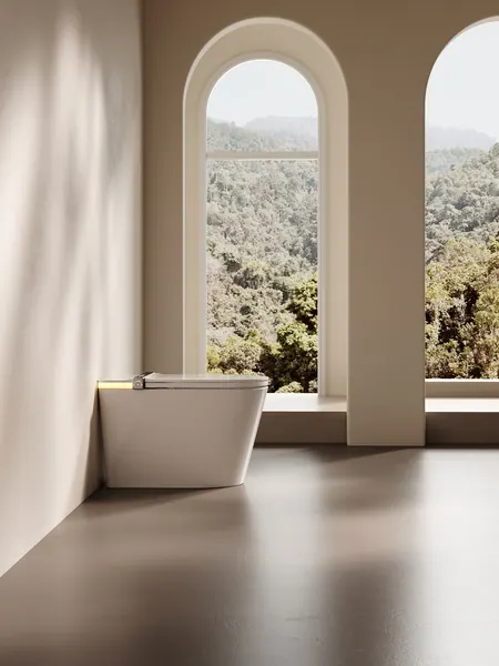 Inodoro inteligente Keliss a suelo en un baño luminoso con una ventana en arco